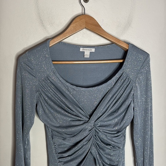 Boston Proper Gray Silver Shimmer Twist Knot Front long sleeve top size S - Picture 3 of 10